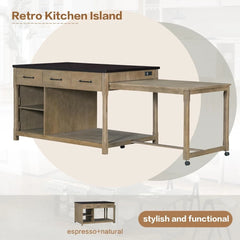 Extendable Retro Kitchen Island Cart with Drawers, Shelves & Power Outlets