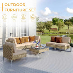 7-Piece Boho Wicker Patio Sectional Sofa Set with Cushions & Coffee Table