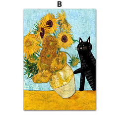 Funny Art Canvas Prints – Black Cat & Van Gogh Sunflowers Inspired Posters