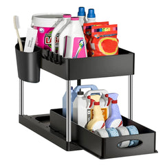 2-Tier Sliding Under Sink Organizer with Hooks & Hanging Cup