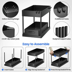 2-Tier Sliding Under Sink Organizer with Hooks & Hanging Cup