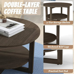 Modern Round Wooden Coffee Table with 2-Tier Storage