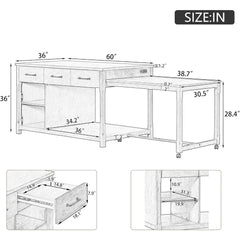 Extendable Retro Kitchen Island Cart with Drawers, Shelves & Power Outlets