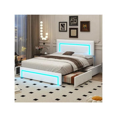 Queen Upholstered Bed Frame with LED Lights & 4 Drawers