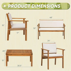 4-Piece Acacia Wood Outdoor Patio Conversation Set with Cushions