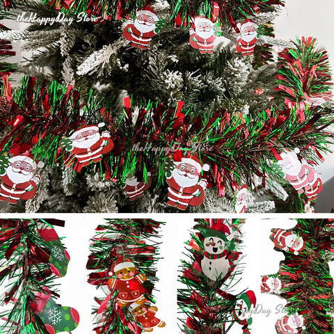 6.6FT Metallic Twist Christmas Tinsel Garland with Santa & Gingerbread