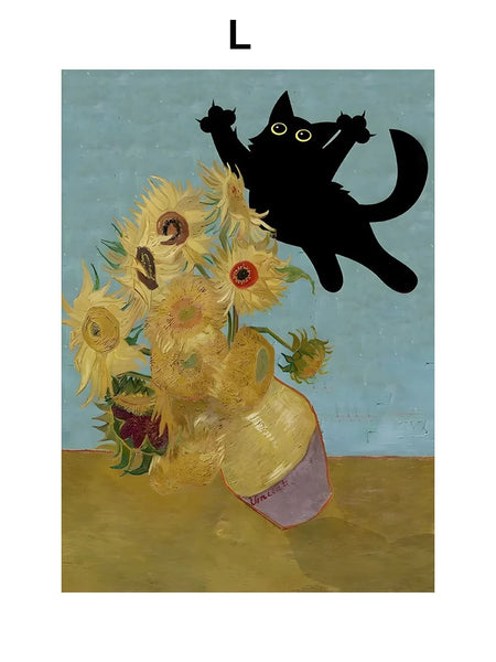 Funny Art Canvas Prints – Black Cat & Van Gogh Sunflowers Inspired Posters