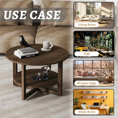 Modern Round Wooden Coffee Table with 2-Tier Storage
