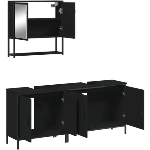 3-Piece Engineered Wood Bathroom Set with Black Wall-Mounted Mirror Cabinet