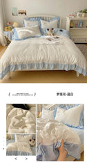 Lace Embroidery Heart Design 4-Piece Washed Cotton Summer Bedding Set