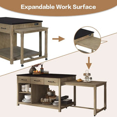 Extendable Retro Kitchen Island Cart with Drawers, Shelves & Power Outlets