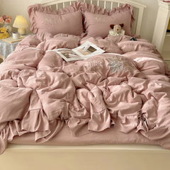 Lace Embroidery Heart Design 4-Piece Washed Cotton Summer Bedding Set
