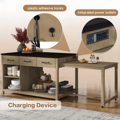 Extendable Retro Kitchen Island Cart with Drawers, Shelves & Power Outlets