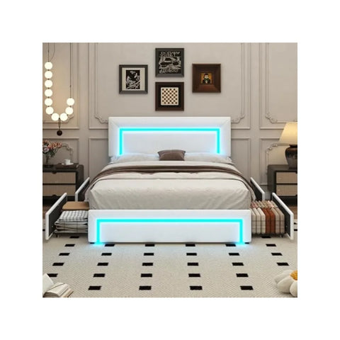 Queen Upholstered Bed Frame with LED Lights & 4 Drawers