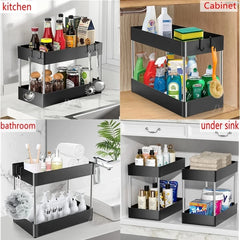 2-Tier Sliding Under Sink Organizer with Hooks & Hanging Cup