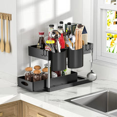 2-Tier Sliding Under Sink Organizer with Hooks & Hanging Cup