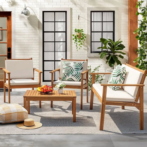 4-Piece Acacia Wood Outdoor Patio Conversation Set with Cushions