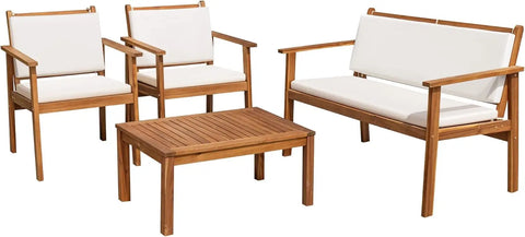 4-Piece Acacia Wood Outdoor Patio Conversation Set with Cushions