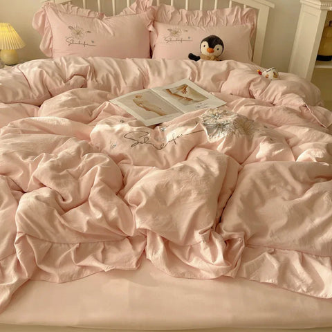 Lace Embroidery Heart Design 4-Piece Washed Cotton Summer Bedding Set