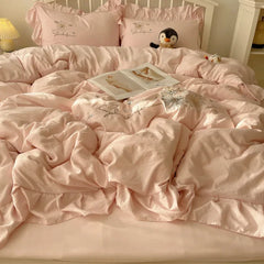 Lace Embroidery Heart Design 4-Piece Washed Cotton Summer Bedding Set