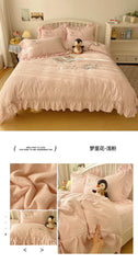 Lace Embroidery Heart Design 4-Piece Washed Cotton Summer Bedding Set