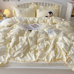 Lace Embroidery Heart Design 4-Piece Washed Cotton Summer Bedding Set