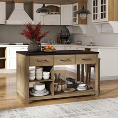 Extendable Retro Kitchen Island Cart with Drawers, Shelves & Power Outlets