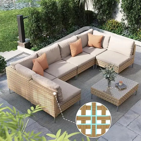 7-Piece Boho Wicker Patio Sectional Sofa Set with Cushions & Coffee Table
