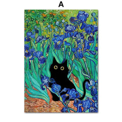 Funny Art Canvas Prints – Black Cat & Van Gogh Sunflowers Inspired Posters