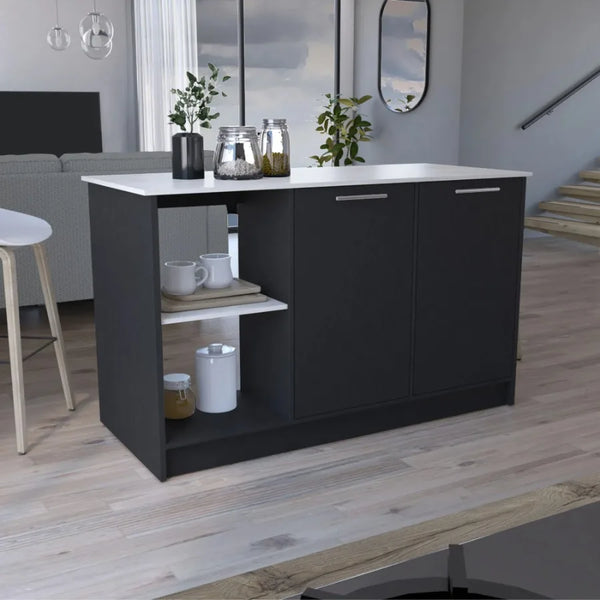 Kitchen Island with Large Top Surface, Double Doors & Open Shelves