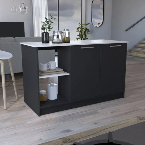 Kitchen Island with Large Top Surface, Double Doors & Open Shelves