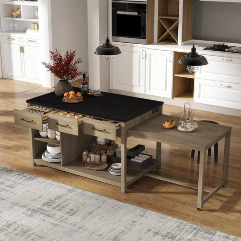 Extendable Retro Kitchen Island Cart with Drawers, Shelves & Power Outlets