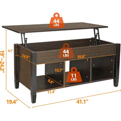 Wood Lift Top Coffee Table with Hidden Storage and 3 Shelves