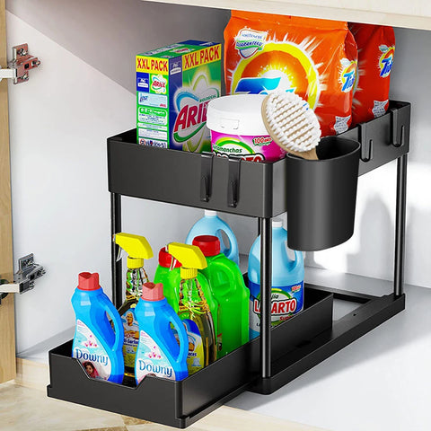 2-Tier Sliding Under Sink Organizer with Hooks & Hanging Cup