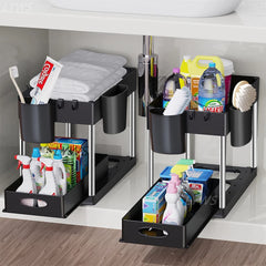 2-Tier Sliding Under Sink Organizer with Hooks & Hanging Cup