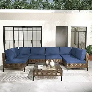 7-Piece Boho Wicker Patio Sectional Sofa Set with Cushions & Coffee Table