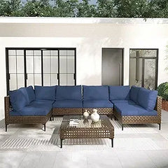 7-Piece Boho Wicker Patio Sectional Sofa Set with Cushions & Coffee Table