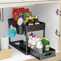 2-Tier Sliding Under Sink Organizer with Hooks & Hanging Cup