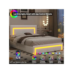 Queen Upholstered Bed Frame with LED Lights & 4 Drawers