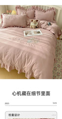 Lace Embroidery Heart Design 4-Piece Washed Cotton Summer Bedding Set