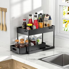 2-Tier Sliding Under Sink Organizer with Hooks & Hanging Cup