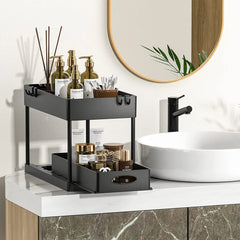 2-Tier Sliding Under Sink Organizer with Hooks & Hanging Cup