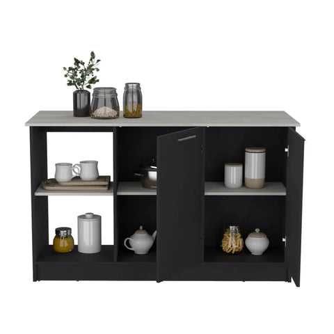 Kitchen Island with Large Top Surface, Double Doors & Open Shelves