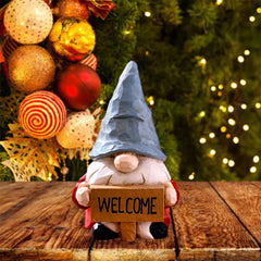 Christmas Elf Figurine with Festive Welcome Sign – Faceless Dwarf Statue