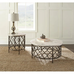 Roland White Marble Top Round Cocktail Table with Bronze Base
