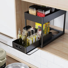 2-Tier Sliding Under Sink Organizer with Hooks & Hanging Cup
