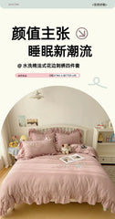 Lace Embroidery Heart Design 4-Piece Washed Cotton Summer Bedding Set