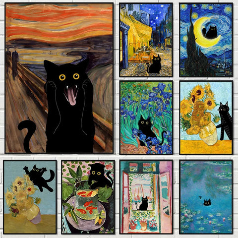 Funny Art Canvas Prints – Black Cat & Van Gogh Sunflowers Inspired Posters