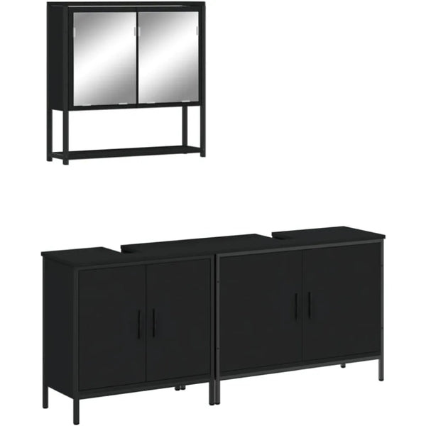 3-Piece Engineered Wood Bathroom Set with Black Wall-Mounted Mirror Cabinet