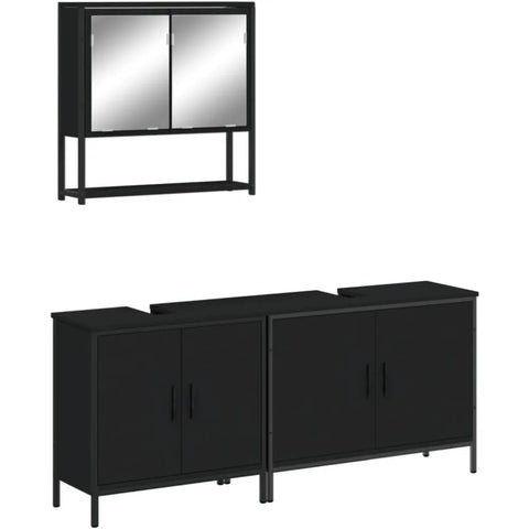 3-Piece Engineered Wood Bathroom Set with Black Wall-Mounted Mirror Cabinet